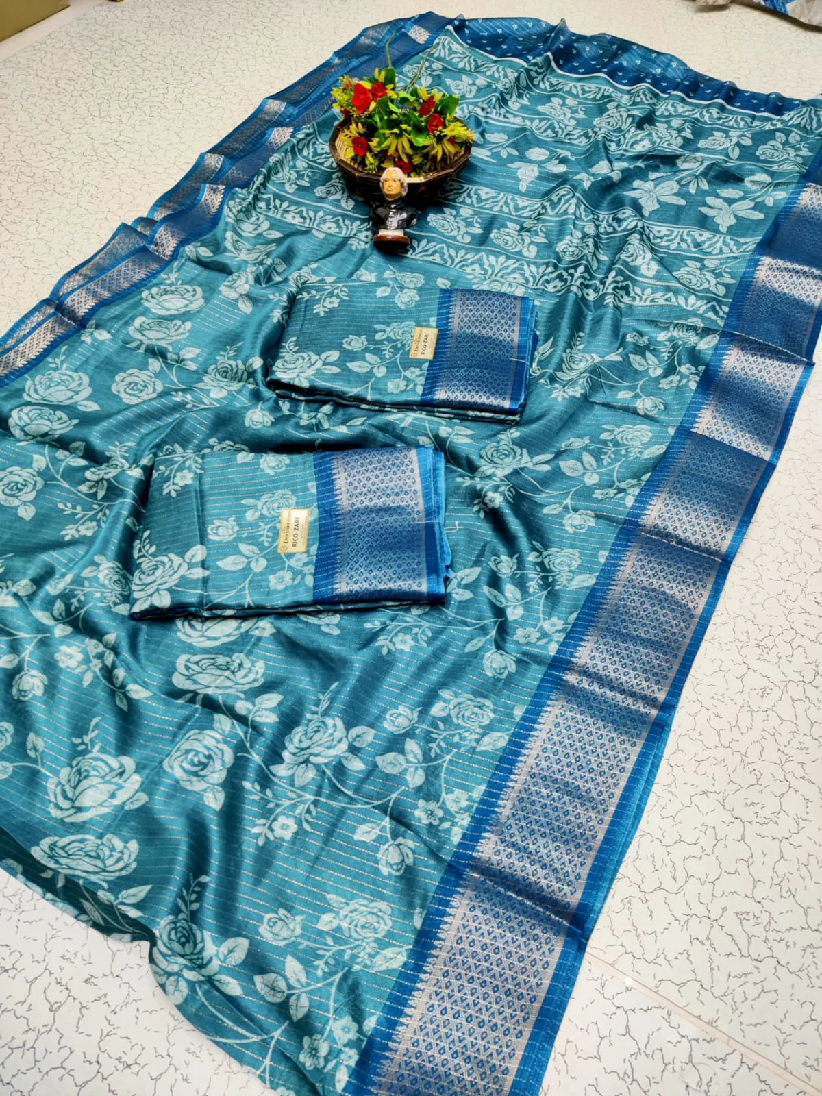 Teal Blue Rose Floral Print Silver Zari Semi Silk Saree